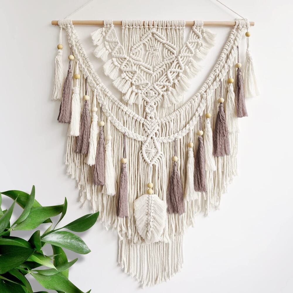 Macrame Wall Hanging Boho Woven Tapestry Cream Lavender Gray Wood Beads